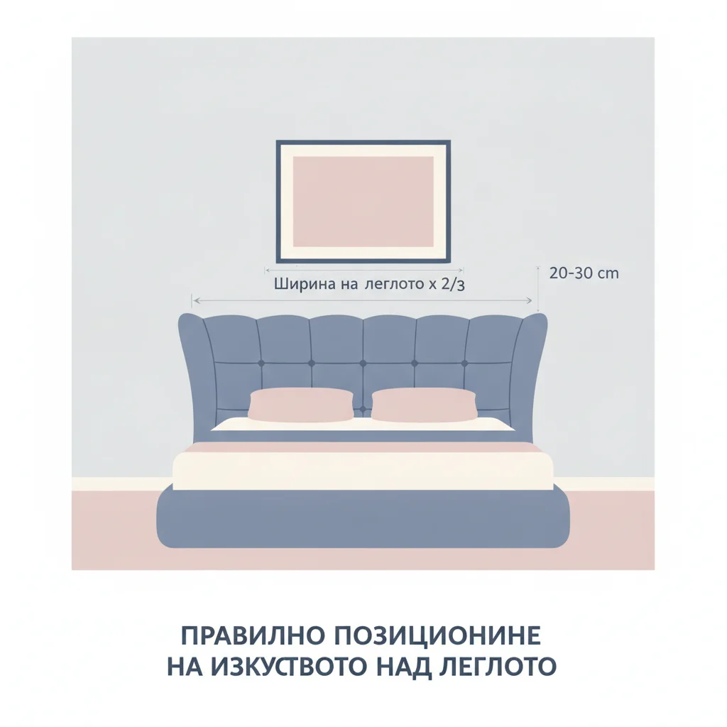 Диаграма за правилно позициониране на картина за спалня над таблата на леглото.